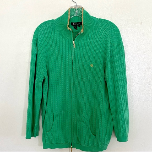 Ralph Lauren Cable Knit Zip Cardigan Sweater  Green Gold Trim Collar Vintage XL - Picture 1 of 10